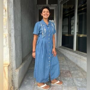 90s Stonybrook Pastel Embroidered Denim Maxi Dress